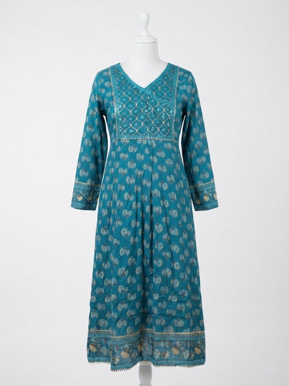 Tara C Tara Teal Blue Gold Foil Floral Anarkali Kurta  (0217M)